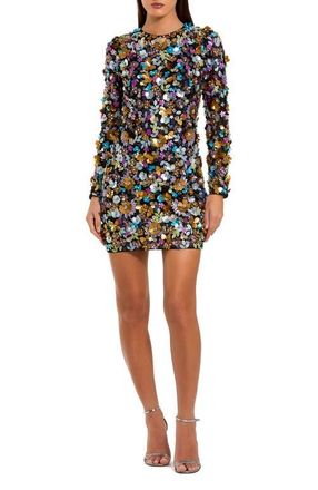 Mac Duggal Embellished 3D Sequin Long Sleeve Mini Dress in Black Multi at Nordstrom, Size 10