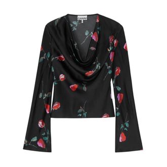 Ganni Blouses, female, Black, Size: XL Printed Satin Blouse