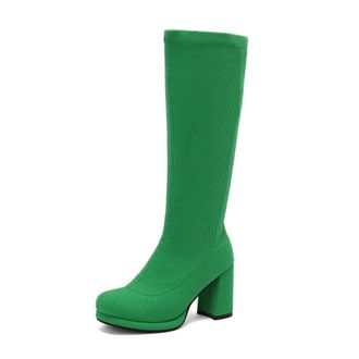 Generic Womens Block High Heel Platform Long Boots Round Toe Knee High Boots Pull on Casual Boot,Green,5.5 UK