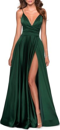 La Femme Long Satin Dress with Side Slit and V Shaped Back in Emerald at Nordstrom, Size 18