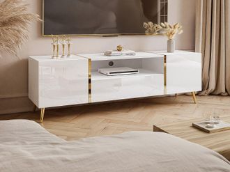 Vente-Unique Mobile TV con 2 ante, 1 cassetto e 1 nicchia Bianco brillante e Dorato - MARZIALO