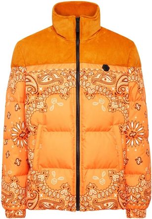 Philipp Plein Nylon en Su&egrave;de Donsjas Paisley Bandana - Heren - Gewatteerde jassen - Oranje - XL - Nylon - Jassen