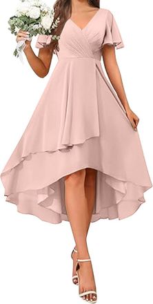 Generic Evening Dresses for Women UK Chiffon Wedding Guest Prom Gowns Ruffle Irregular Flowy A Line Dresses Plain Short Sleeve V Neck Elegant Party Dress Swin