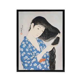 Artery8 Woman Combing Her Hair Framed Canvas Wall Art Print Goyo Hashiguchi in Blue | Size: W24 x H32