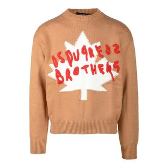 Dsquared2 Round-neck Knitwear, male, Brown, Size: L Cotton Blend Knit Sweater