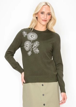 YAL New York Long Sleeve Olive Crewneck with Floral Detail