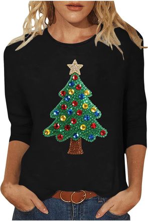 Generic Casual Christmas Pullover for Women 3/4 Sleeves Xmas Tree Red Wine Glass Graphic Printed Shirts Crew Neck Sweatshirts Jumpers Comfy Warm Clothes Autum