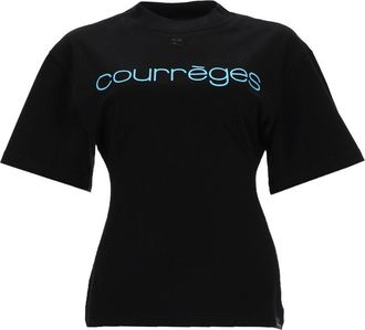Courr&egrave;ges Black Light Blue Logo Fitted T-Shirt