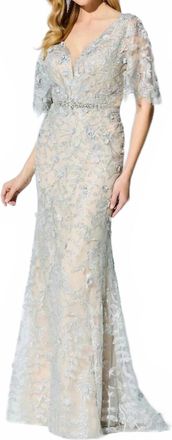 Montage by Mon Cheri Lace Trumpet Dress In Nude/silver