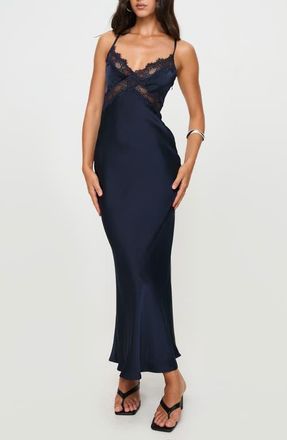 Princess Polly Treasure Lace Inset Bias Cut Satin Slipdress in Navy at Nordstrom, Size 10