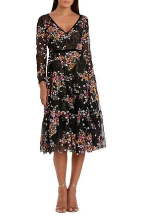 Mac Duggal Black Floral Embroidered Tea Length Dress in Black Multi at Nordstrom, Size 12