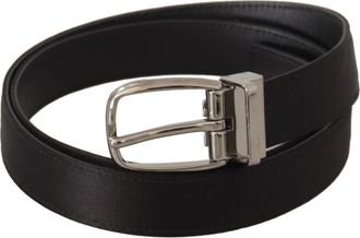 Dolce & Gabbana Black Calf Leather Silver Logo Metal Buckle Mens Belt