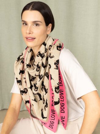 Zwillingsherz Dreieckstuch ZWILLINGSHERZ S&uuml;sser Dackel, Damen, beige pink, Strick, Baumwollmischung, gemustert, mehrfarbig, Modet&uuml;cher Dreieckstuch, Tiermotiv, Schr