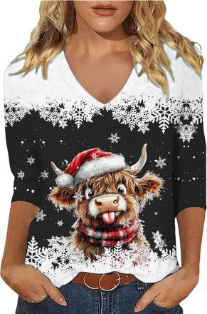 Generic Highland Cow Gifts Christmas Shirts for Women 3/4 Length Sleeve Christmas Jumper 2025 Highland Cow Shirts Funny Xmas Highland Cow Graphic Tshirts Blou