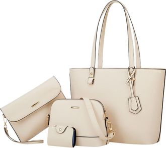 Generic Stylish Women Retro Large Capacity Four Piece Set Tote Messenger Bag Clutch And Wallet Combo (White, One Size)