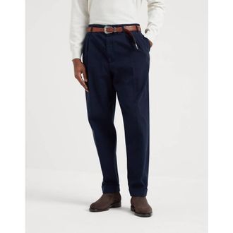 Brunello Cucinelli MenS Navy Cotton Pleated Trousers, Size 34