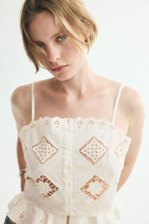 H&M Cropped Top With Eyelet Embroidery in Cream at Nordstrom, Size X-Small