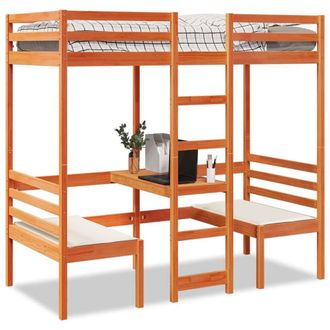 Berkfield Home Loft Bed Frame with Desk & Chairs Wax Brown 90x200cm Solid Wood Pine | Size: 90x200 cm