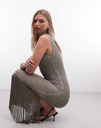 AllSaints Jessie - Vestito lungo in maglia marrone con nappe