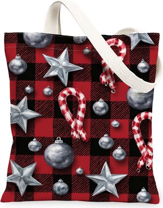 Generic Plaid Canvas Tote Bags, Stylish Red Star Pattern Reusable Shopping Bags, Lightweight Washable Eco-Friendly Canvas for Travel Beach Grocery 13x15 Inch