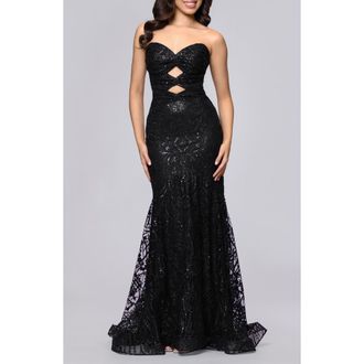 Blondie Nites Strapless Glitter Cutout Gown in Black at Nordstrom, Size 3