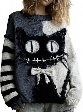 Generic Womens Halloween Horror Spooky Face Knit Sweater, Holiday Cosy Funny Top Ghost Print Sweatshirt Knitted Sweater Pullover Loose Neutral Sweaters Oversi