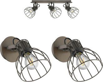 Loops Ceiling Spot Light & 2x Matching Wall Lights Industrial Rustic Metal Wire Shade