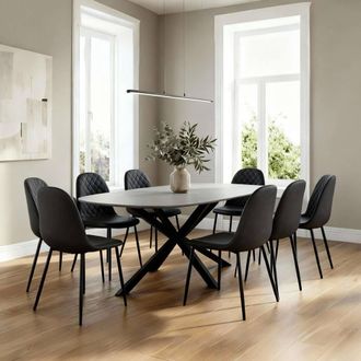 Home Source Industries Sigma Contemporary Dining Set 200cm Table & Padded Chairs in Black | Size: 7 Pack