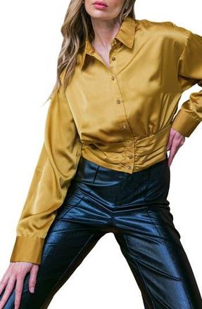 Flying Tomato Long Sleeve Satin Crop Button-Up Shirt in Gold at Nordstrom Rack, Size Medium