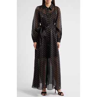 Julia Jordan Polka Dot Long Sleeve Sheer Shirtdress in Black Gold at Nordstrom, Size 16