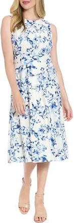 London Times Floral Sleeveless Inset Waist Eyelet Midi Dress in Ivory/Blue at Nordstrom Rack, Size 16