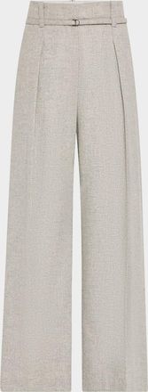Brunello Cucinelli Cashmere-Wool Flannel Wide Sartorial Pants With Belt