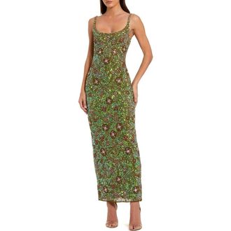 Mac Duggal Beaded Mesh Sleeveless Scoop Neck Ankle Dress in Olive at Nordstrom, Size 12
