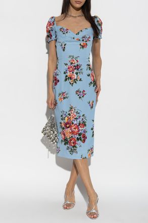 Dolce & Gabbana Silk Dress With Floral Motif, Womens, Light Blue