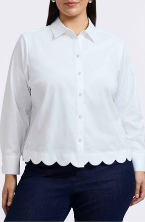 Foxcroft Scarlett Scallop Hem Button-Up Shirt in White at Nordstrom, Size 2X