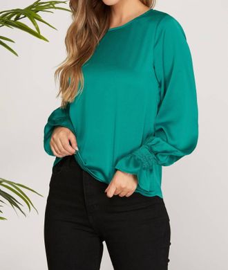 She + Sky Smocked Long Bubble Sleeve Satin Top In Peacock