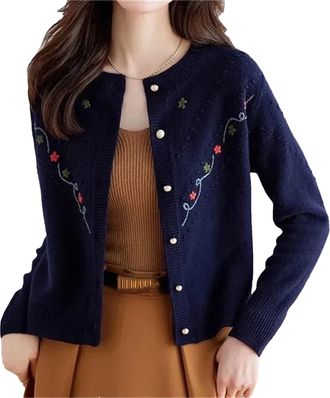 Generic Womens Embroidered Cardigan Knit Sweater Short Coat Loose Fit Autumn Winter Wear Black L