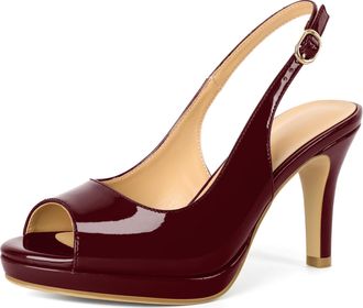 EDEFS Womens Burgundy Patent Leather Slingback Heels Peep Toe 3.5 with Adjustable Strap - Office & Evening Wear UK3