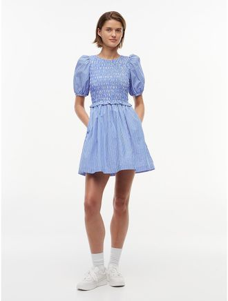 Tommy Hilfiger Womens Tommy Jeans Shirred Poplin Mini Dress - Blue / Stripe - XL