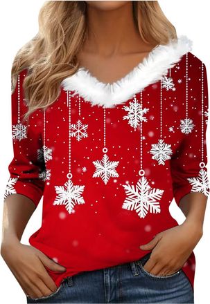 Generic Christmas Jumpers for Women Long Sleeve Lightweight, V-Neck,Fluffy Ladies Christmas Tops Elegant Xmas Jumpers Holiday Long Sleeve Tops Tree Print Grap