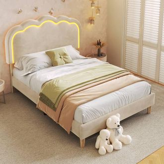 Matteo Beige Velvet Upholstered LED Single Bed Frame