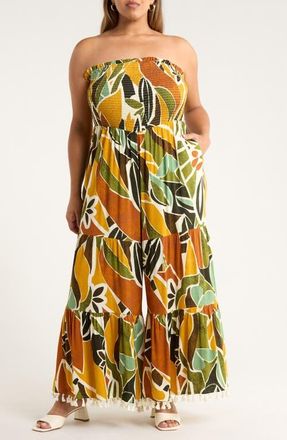 Sugarlips Renia Tropical Eve Strapless Jumpsuit in Brown-Orange at Nordstrom, Size 2 X