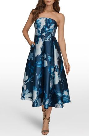 DKNY Floral Print Fit & Flare Party Dress in Nightfall/Washed Indigo Multi at Nordstrom, Size 14