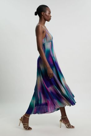 Karen Millen Womens Crinkle Georgette Strappy Blur Print Woven Midi Dress - Multicolour - Size 12 UK