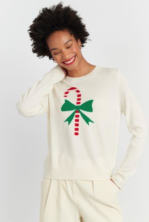 Chinti and Parker Cream Wool-Cashmere Candy Cane Sweater