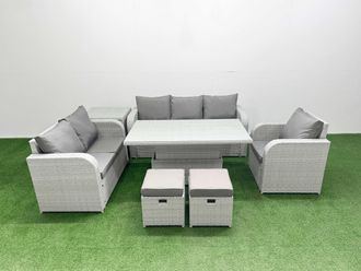 Fimous Patio PE Wicker 8 Seater Outdoor Rattan Furniture Sofa Sets w/ Adjustable Lifting Dining or Coffee Table Reclining Chair Loveseat Sofa 3