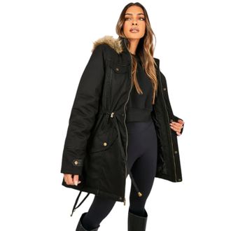 Generic Ladies Parka Jacket Lightweight Padded Military Fishtail Coat - Faux Fur Hood, Plus Size, Warm Winter Women Coat, Adjustable Waist, Multi-Pocket Cotto