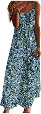 Generic Women Strappy Summer Dress Casual Bohemian Maxi Dresses Vintage Floral Print Flowy Beach Holiday Dresses V Neck Sleeveless Summer Boho Long Sundress L