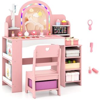 Costway Kids Vanity Set with LED Lights 86x39x104cm MDF Dressing Table and Chair Pink