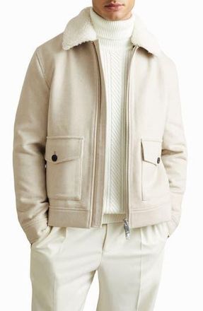Reiss Andrew Wool Blend Jacket with Faux Shearling Collar in Stone Melange at Nordstrom Rack, Size Small
